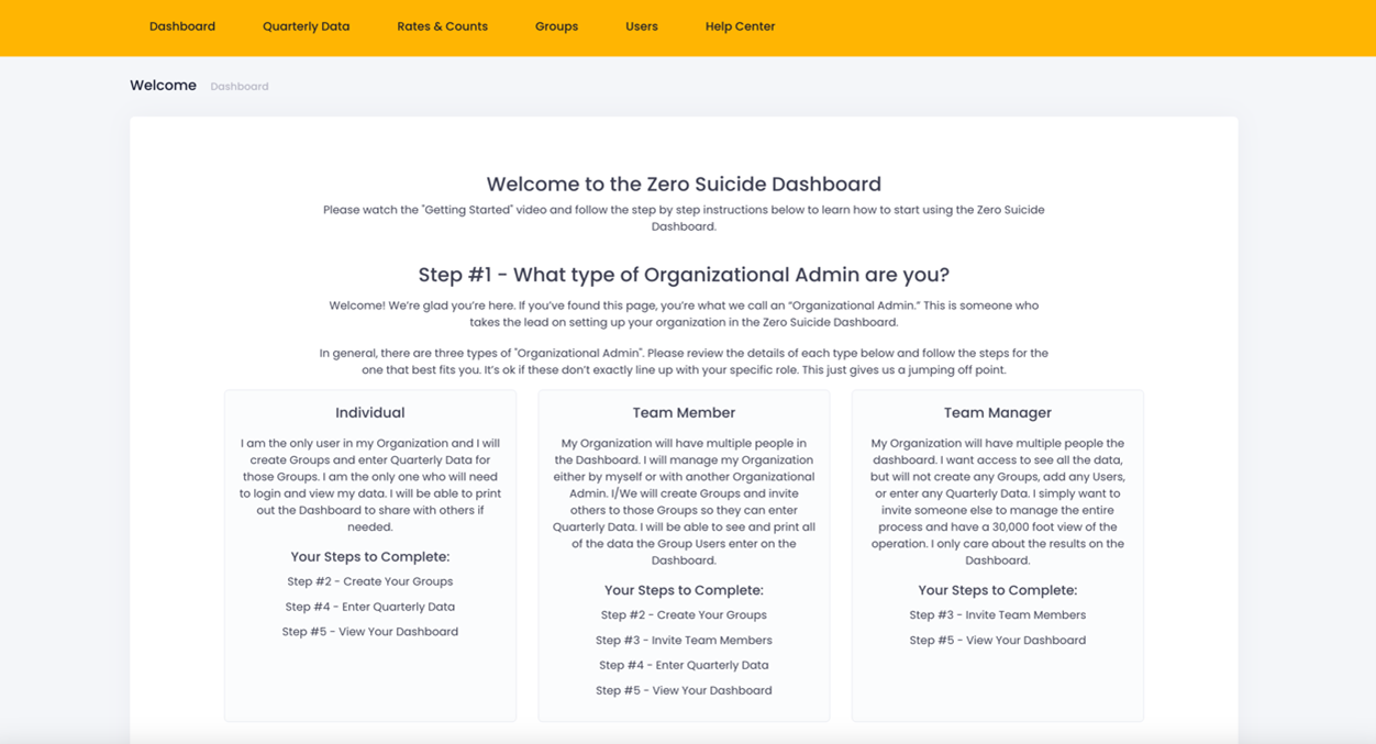 Picture of the Zero Suicide Data Dashboard Welcome Screen